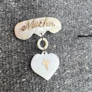 Vintage Mother of pearl shell Brooch with wire wording Mother and a cross